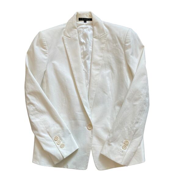 THEORY One Button Cotton Long Sleeve Blazer Jacket Ivory White Work Career Sz 0 - Picture 1 of 13